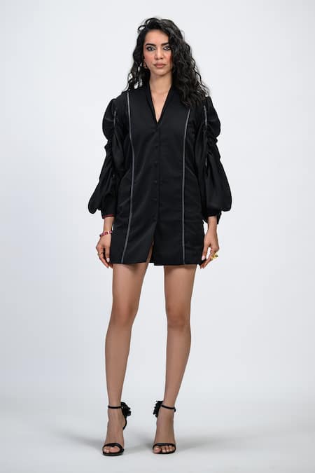 Buy_The Dramebaaz CO_Black Cotton, Crepe V-neck Aura Dramatic Bishop Sleeve Dress _Online_at_Aza_Fashions