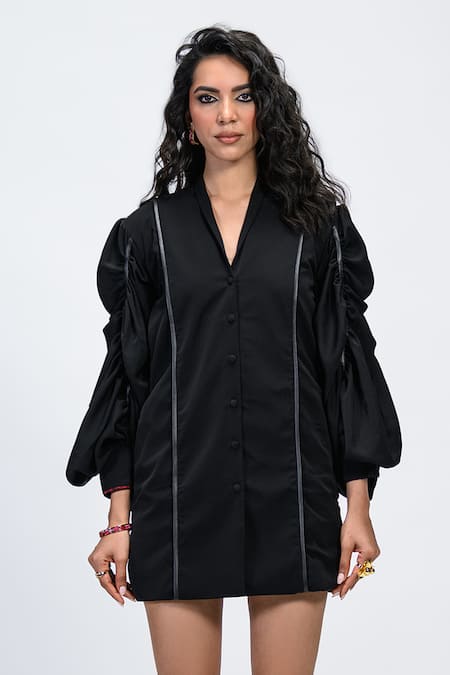 Shop_The Dramebaaz CO_Black Cotton, Crepe V-neck Aura Dramatic Bishop Sleeve Dress _Online_at_Aza_Fashions