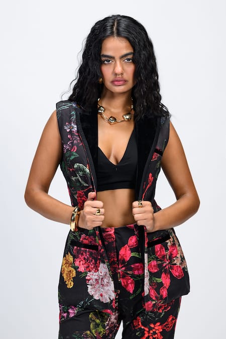 Shop_The Dramebaaz CO_Black Lycra Chromaflux Floral Print Blazer And Trouser Co-ord Set _Online_at_Aza_Fashions
