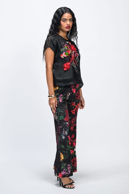 The Dramebaaz CO_Black Organza Fabric Flowers, Beads, Sequins, Embroidery Round Eden Sheer Top _Online_at_Aza_Fashions