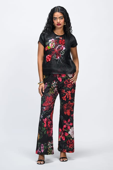 Buy_The Dramebaaz CO_Black Organza Fabric Flowers, Beads, Sequins, Embroidery Round Eden Sheer Top _Online_at_Aza_Fashions