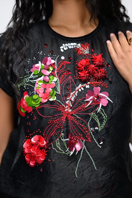 The Dramebaaz CO_Black Organza Fabric Flowers, Beads, Sequins, Embroidery Round Eden Sheer Top _at_Aza_Fashions