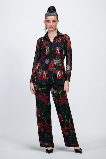 The Dramebaaz CO_Black Georgette Embroidery, Beads, Sequins Collared Rosabelle Shirt _Online_at_Aza_Fashions