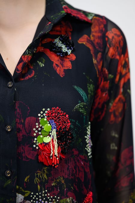Buy_The Dramebaaz CO_Black Georgette Embroidery, Beads, Sequins Collared Rosabelle Shirt _Online_at_Aza_Fashions