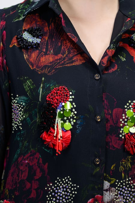 Shop_The Dramebaaz CO_Black Georgette Embroidery, Beads, Sequins Collared Rosabelle Shirt _Online_at_Aza_Fashions