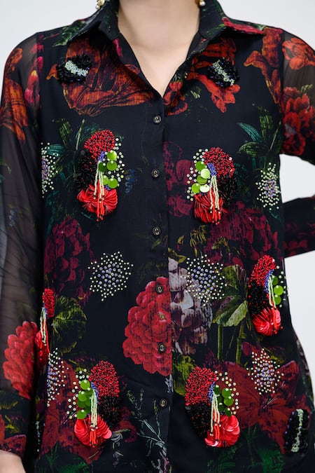 The Dramebaaz CO_Black Georgette Embroidery, Beads, Sequins Collared Rosabelle Shirt _at_Aza_Fashions