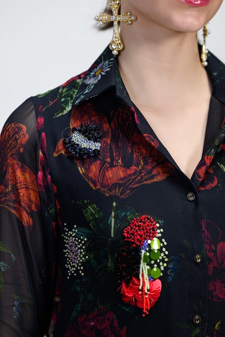 Buy_The Dramebaaz CO_Black Georgette Embroidery, Beads, Sequins Collared Rosabelle Shirt 