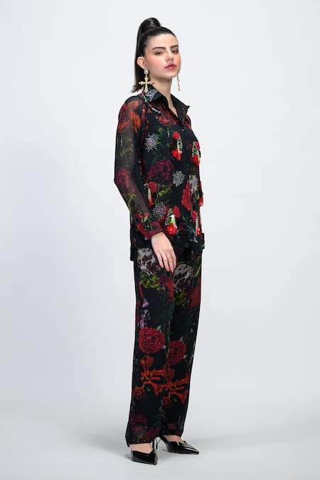 The Dramebaaz CO_Black Georgette Embroidery, Sequins, Beads Collared, Rosabelle Shirt And Pant Set _Online_at_Aza_Fashions