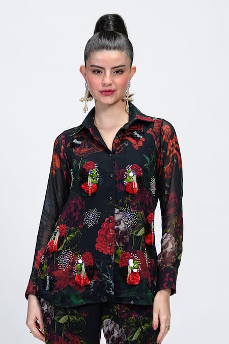 Shop_The Dramebaaz CO_Black Georgette Embroidery, Sequins, Beads Collared, Rosabelle Shirt And Pant Set _Online_at_Aza_Fashions