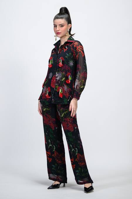 The Dramebaaz CO_Black Georgette Embroidery, Sequins, Beads Collared, Rosabelle Shirt And Pant Set _at_Aza_Fashions