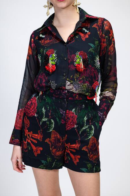 Buy_The Dramebaaz CO_Black Georgette Embroidery, Beads, Rosabelle Embellished Shirt And Shorts Set _Online_at_Aza_Fashions