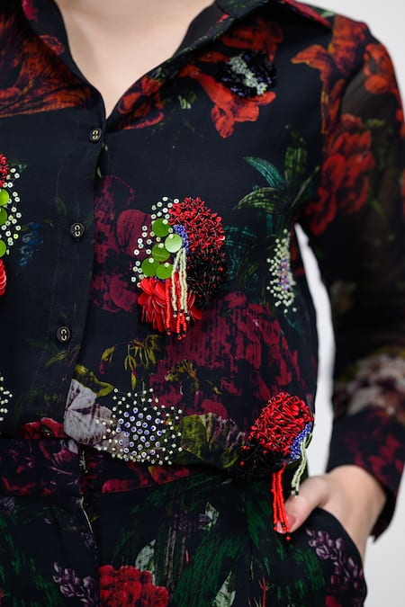 Shop_The Dramebaaz CO_Black Georgette Embroidery, Beads, Rosabelle Embellished Shirt And Shorts Set _Online_at_Aza_Fashions