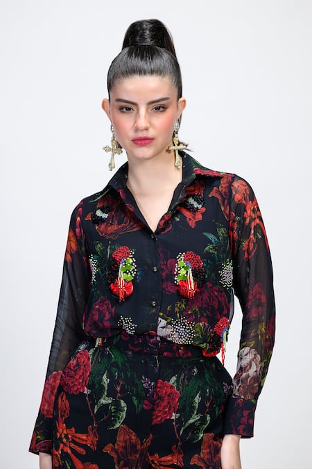 The Dramebaaz CO_Black Georgette Embroidery, Beads, Rosabelle Embellished Shirt And Shorts Set _at_Aza_Fashions