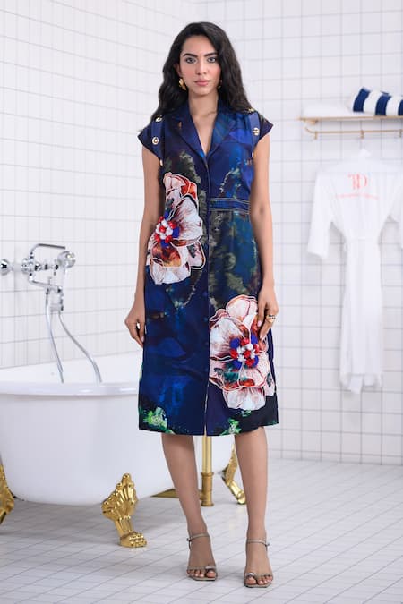 Buy_The Dramebaaz CO_Blue Cotton, Twill Embroidery, Sequins, Beads, Magnolia Floral Patched Dress _Online_at_Aza_Fashions