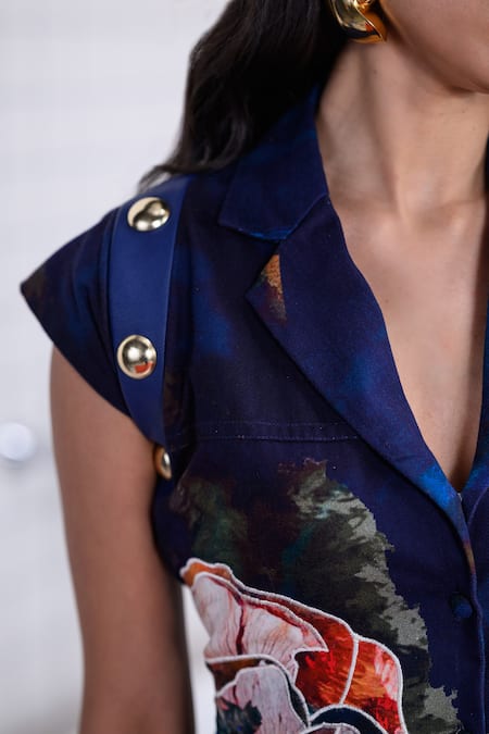 The Dramebaaz CO_Blue Cotton, Twill Embroidery, Sequins, Beads, Magnolia Floral Patched Dress _at_Aza_Fashions