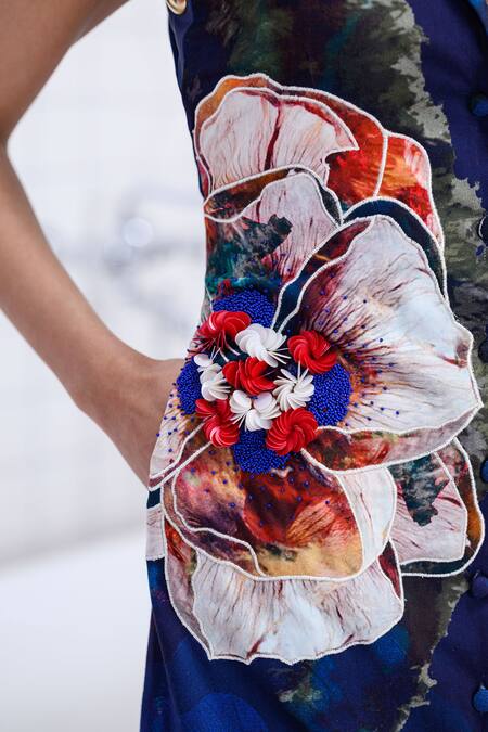 Buy_The Dramebaaz CO_Blue Cotton, Twill Embroidery, Sequins, Beads, Magnolia Floral Patched Dress 