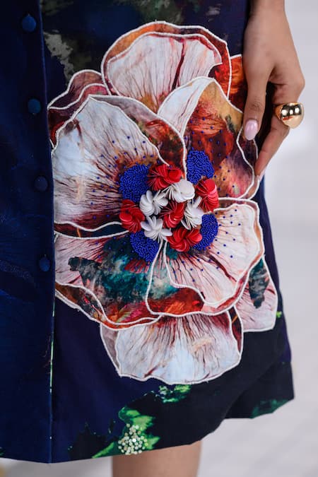 Shop_The Dramebaaz CO_Blue Cotton, Twill Embroidery, Sequins, Beads, Magnolia Floral Patched Dress 