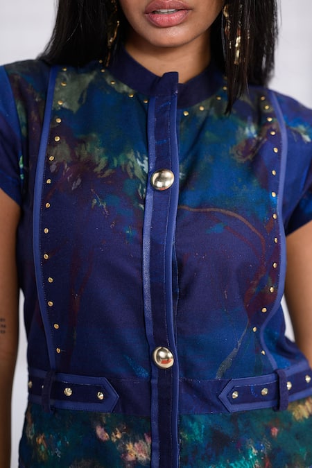 The Dramebaaz CO_Blue Cotton, Twill Studs Mandarin Collar, Indiglam Canvas Of Cosmic Hues Dress _Online_at_Aza_Fashions
