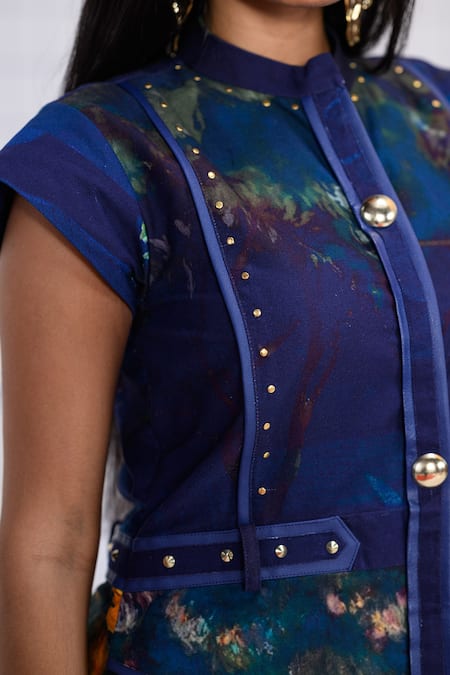 Buy_The Dramebaaz CO_Blue Cotton, Twill Studs Mandarin Collar, Indiglam Canvas Of Cosmic Hues Dress _Online_at_Aza_Fashions