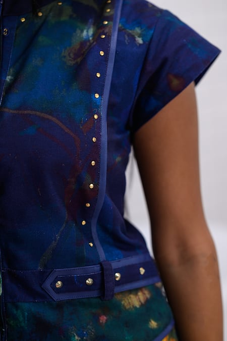 Buy_The Dramebaaz CO_Blue Cotton, Twill Studs Mandarin Collar, Indiglam Canvas Of Cosmic Hues Dress 