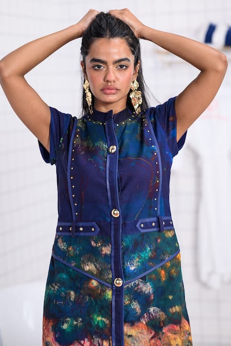 Shop_The Dramebaaz CO_Blue Cotton, Twill Studs Mandarin Collar, Indiglam Canvas Of Cosmic Hues Dress 