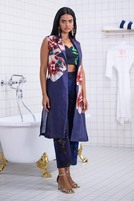 The Dramebaaz CO_Blue Organza, Twill, Cotton Twilight Muse Floral Patchwork Jacket Trouser Set _Online_at_Aza_Fashions
