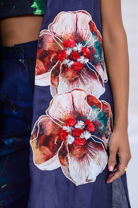 Shop_The Dramebaaz CO_Blue Organza, Twill, Cotton Twilight Muse Floral Patchwork Jacket Trouser Set _Online_at_Aza_Fashions