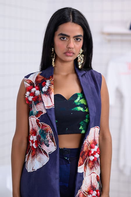 The Dramebaaz CO_Blue Organza, Twill, Cotton Twilight Muse Floral Patchwork Jacket Trouser Set _at_Aza_Fashions