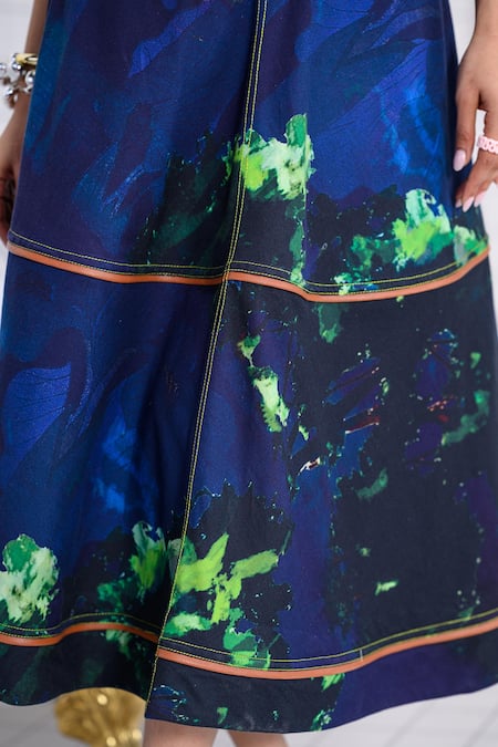 The Dramebaaz CO_Blue Cotton, Twill Piping V-neck Neon Eclipse Waistcoat And Skirt Co-ord Set _Online_at_Aza_Fashions