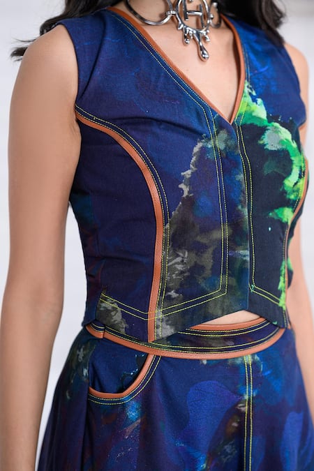 Buy_The Dramebaaz CO_Blue Cotton, Twill Piping V-neck Neon Eclipse Waistcoat And Skirt Co-ord Set _Online_at_Aza_Fashions