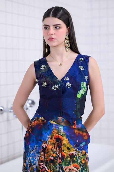 The Dramebaaz CO_Blue Cotton, Twill Sequins, Beads, Embroidery V-neck Oasis Hand Waistcoat _Online_at_Aza_Fashions