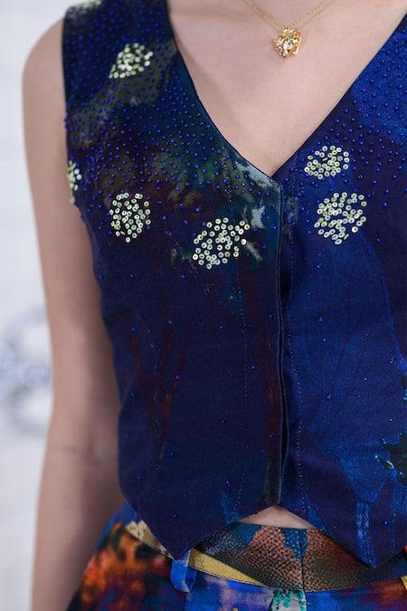 Buy_The Dramebaaz CO_Blue Cotton, Twill Sequins, Beads, Embroidery V-neck Oasis Hand Waistcoat _Online_at_Aza_Fashions