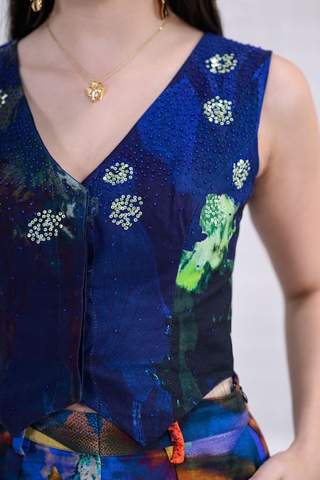 Shop_The Dramebaaz CO_Blue Cotton, Twill Sequins, Beads, Embroidery V-neck Oasis Hand Waistcoat _Online_at_Aza_Fashions