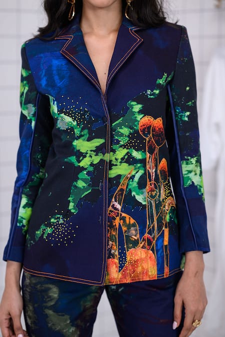 The Dramebaaz CO_Blue Cotton Patchwork, Beads, Piping, Enchanted Floral Bunch Blazer Pant Set _Online_at_Aza_Fashions