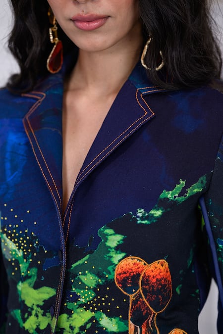 Buy_The Dramebaaz CO_Blue Cotton Patchwork, Beads, Piping, Enchanted Floral Bunch Blazer Pant Set _Online_at_Aza_Fashions