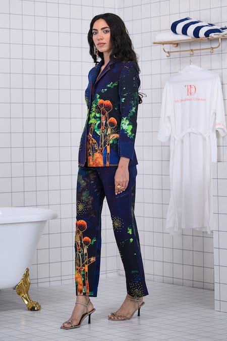 The Dramebaaz CO_Blue Cotton Patchwork, Beads, Piping, Enchanted Floral Bunch Blazer Pant Set _at_Aza_Fashions