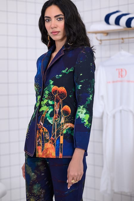 Buy_The Dramebaaz CO_Blue Cotton Patchwork, Beads, Piping, Enchanted Floral Bunch Blazer Pant Set 
