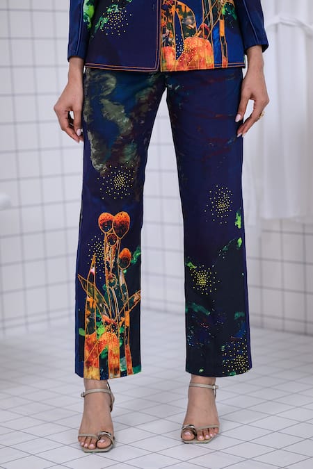 Shop_The Dramebaaz CO_Blue Cotton Patchwork, Beads, Piping, Enchanted Floral Bunch Blazer Pant Set 