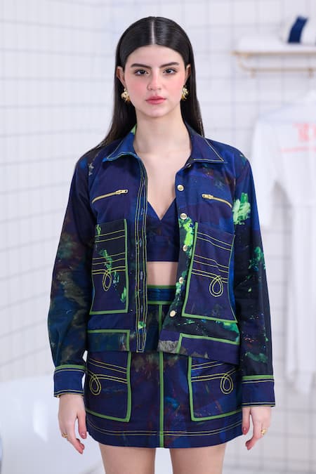 The Dramebaaz CO_Navy Cotton Embroidery, Studs, Piping Nebula Abstract Watercolor Print Skirt Set _Online_at_Aza_Fashions