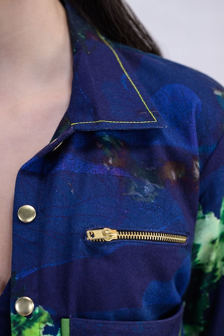 Shop_The Dramebaaz CO_Navy Cotton Embroidery, Studs, Piping Nebula Abstract Watercolor Print Skirt Set _Online_at_Aza_Fashions