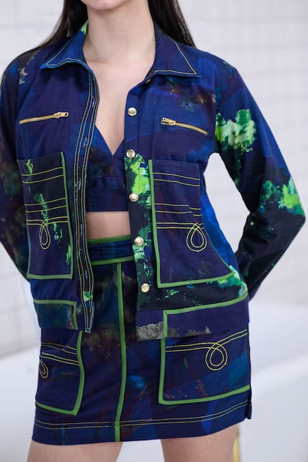 The Dramebaaz CO_Navy Cotton Embroidery, Studs, Piping Nebula Abstract Watercolor Print Skirt Set _at_Aza_Fashions