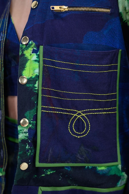 Buy_The Dramebaaz CO_Navy Cotton Embroidery, Studs, Piping Nebula Abstract Watercolor Print Skirt Set 