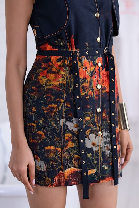 Shop The Dramebaaz CO Black Cotton, Twill Studs, Foil Printing Collared, Ember Abstract Floral Dress Shop_The Dramebaaz CO_Black Cotton, Twill Studs, Foil Printing Collared, Ember Abstract Floral Dress