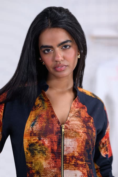 Buy_The Dramebaaz CO_Black Cotton V-neck Wildfire Abstract Print Mini Dress _Online_at_Aza_Fashions