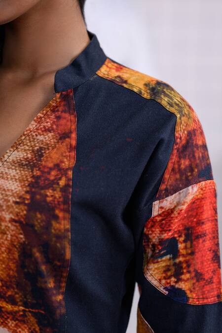 Buy_The Dramebaaz CO_Black Cotton V-neck Wildfire Abstract Print Mini Dress 