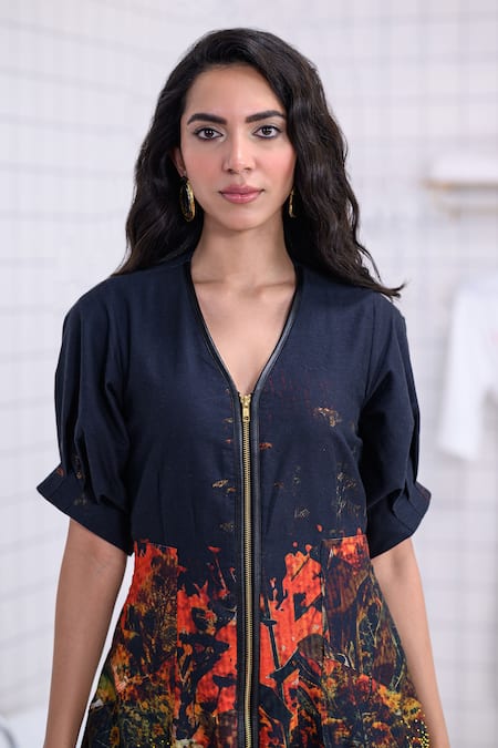 The Dramebaaz CO_Black Cotton, Twill Beads V-neck Autumn Abstract Floral Print Midi Dress _Online_at_Aza_Fashions