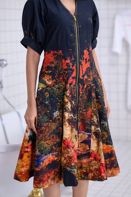 Buy_The Dramebaaz CO_Black Cotton, Twill Beads V-neck Autumn Abstract Floral Print Midi Dress _Online_at_Aza_Fashions