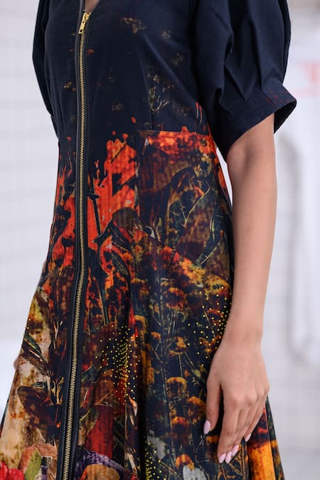 The Dramebaaz CO_Black Cotton, Twill Beads V-neck Autumn Abstract Floral Print Midi Dress _at_Aza_Fashions