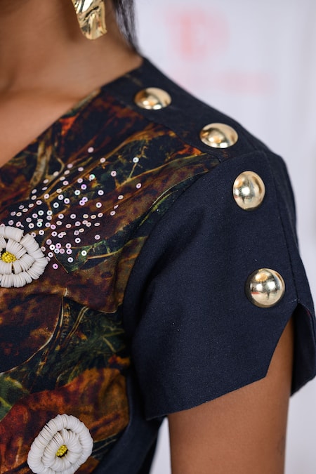 The Dramebaaz CO_Black Cotton, Twill Fabric Flowers, Sequins, Sylva Daisies Embroidered Dress _Online_at_Aza_Fashions