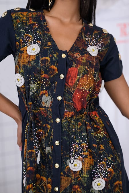 The Dramebaaz CO_Black Cotton, Twill Fabric Flowers, Sequins, Sylva Daisies Embroidered Dress _at_Aza_Fashions